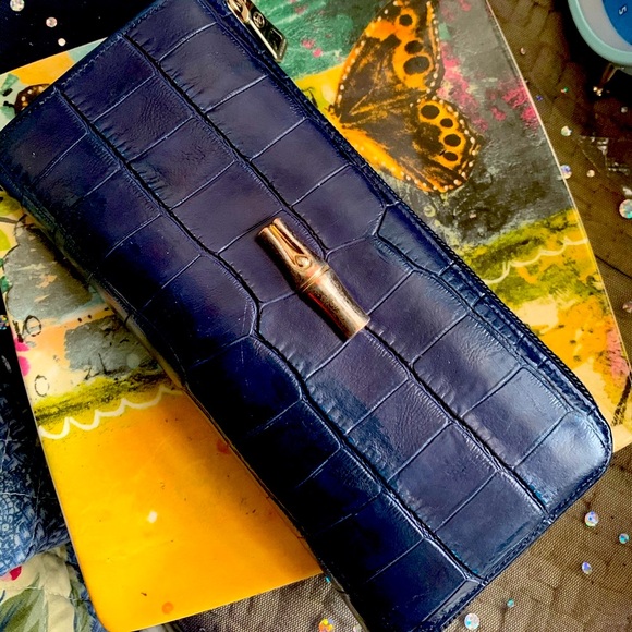 LONGCHAMP VTG CROC NAVY BLUE ACCORDION STYLE ZIPPED Wallet GORG RARE DISTRESSED - Picture 2 of 11